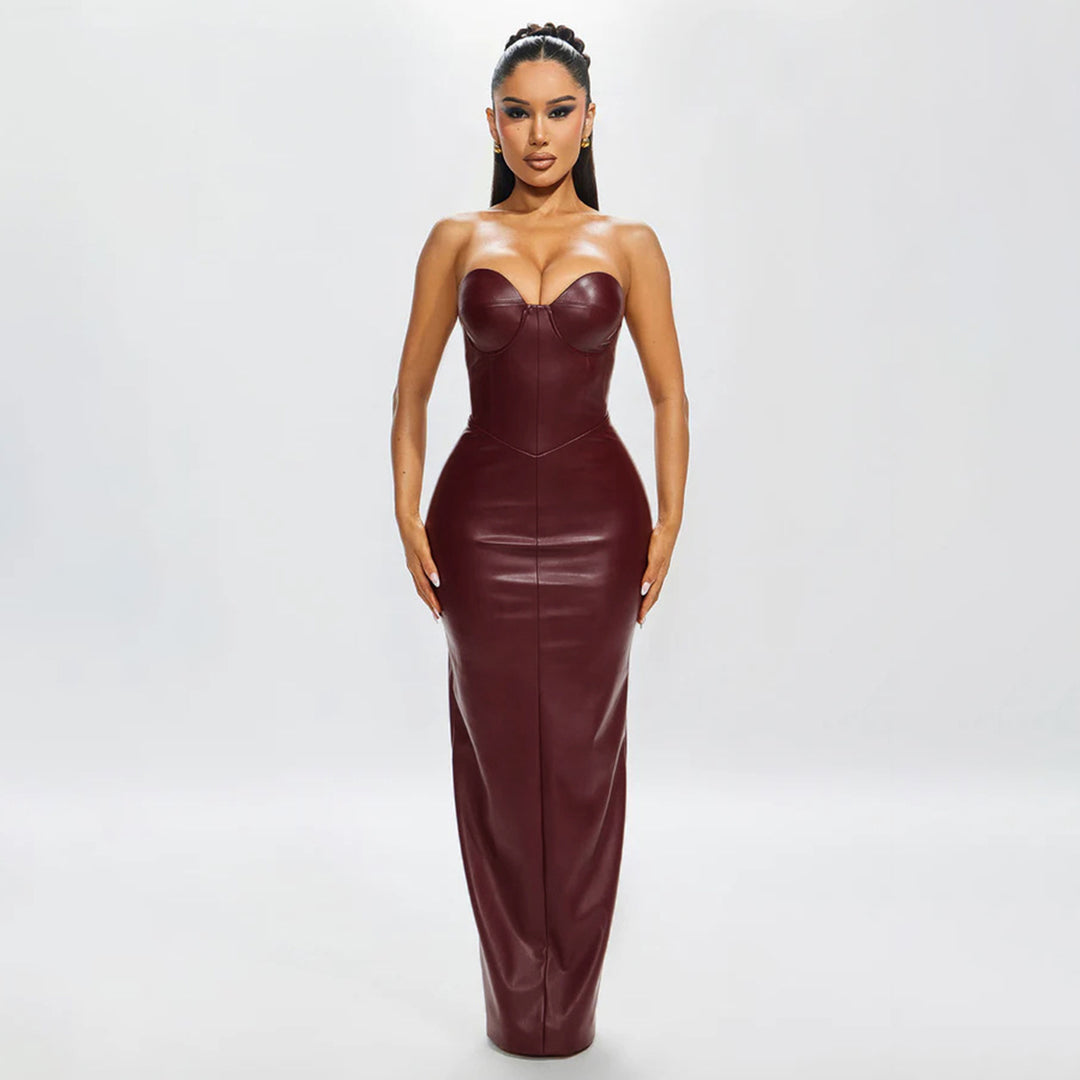 Damen figurbetontes Kunstlederkleid mit herzförmigem Ausschnitt und elegantem Schnitt Drune