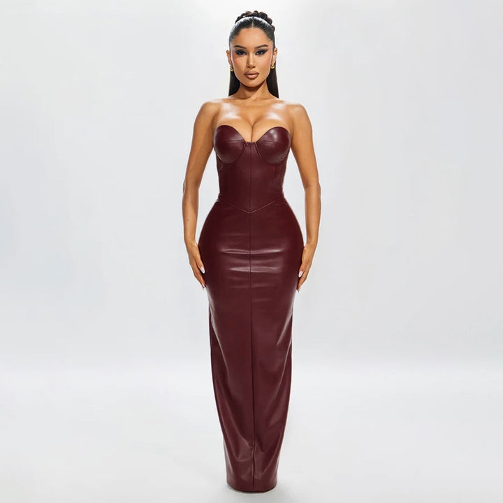 Damen figurbetontes Kunstlederkleid mit herzförmigem Ausschnitt und elegantem Schnitt Drune