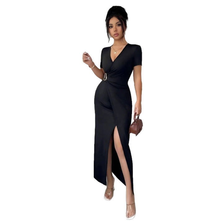 Damen nan figurbetontes Wickel-Midikleid mit V-Ausschnitt, Taillenring und hohem Beinschlitz Drune