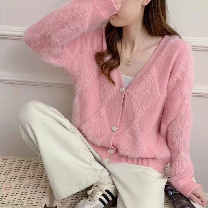 Damen Flauschige Strickjacke mit Knopfdetails Drune