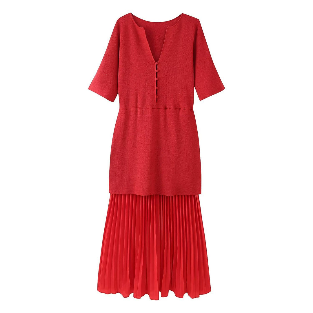 Damen elegantes Maxikleid mit plissierten Details und V-Ausschnitt Drune