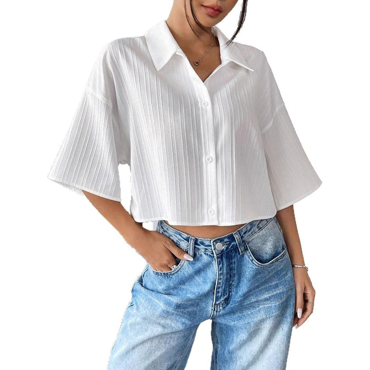 Damen nan weite Kurzbluse mit Hemdkragen und feiner Plissee-Struktur Drune