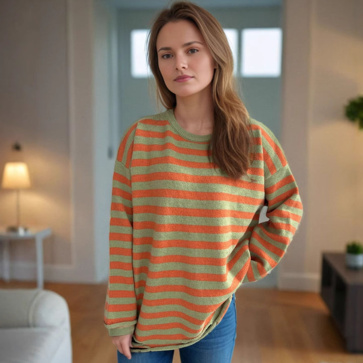 Damen gestrickter Oversized-Pullover mit lässigem Streifenmuster Drune
