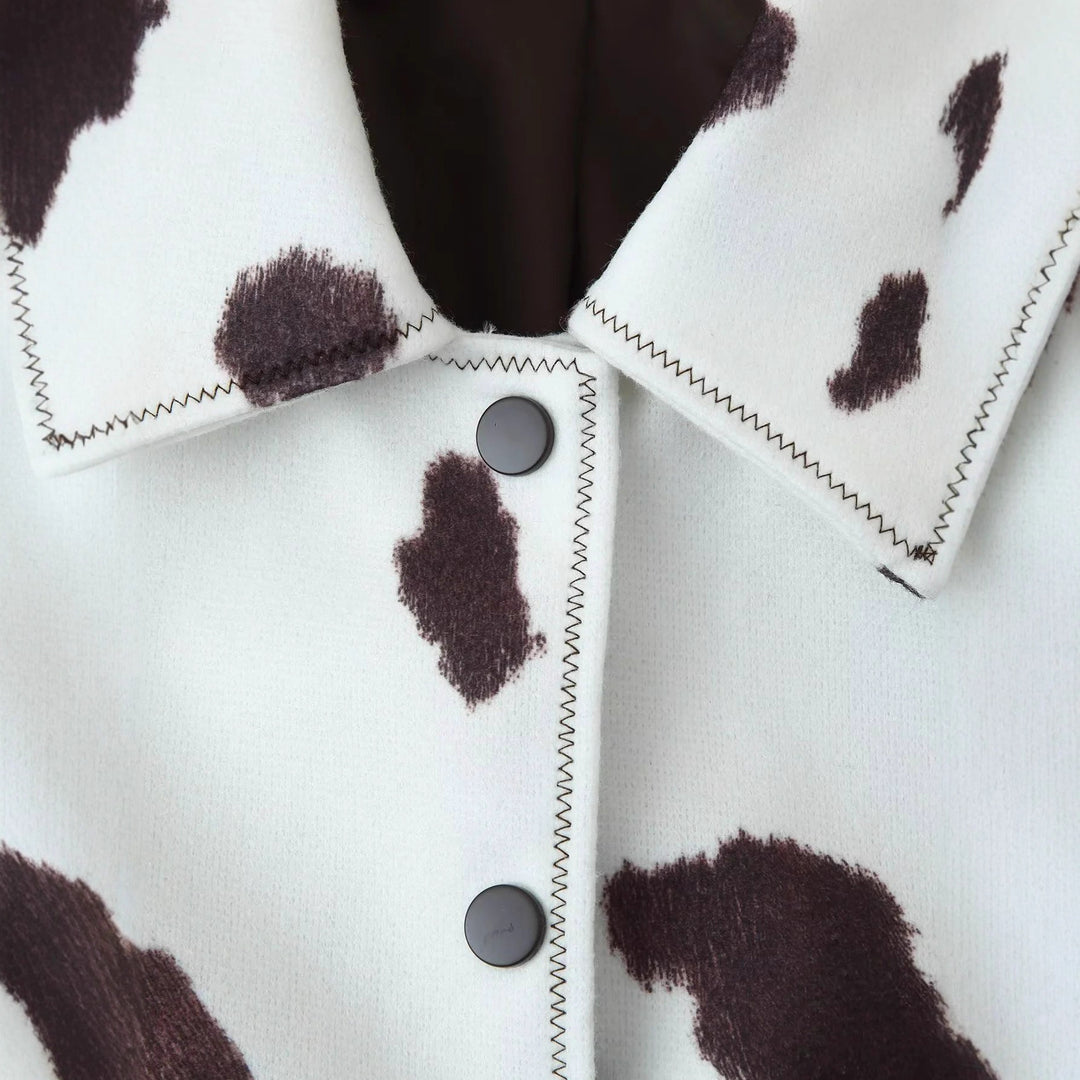 Damen nan kurzgeschnittene Hemdjacke mit Kuhfleckenmuster und Druckknopfverschluss Drune
