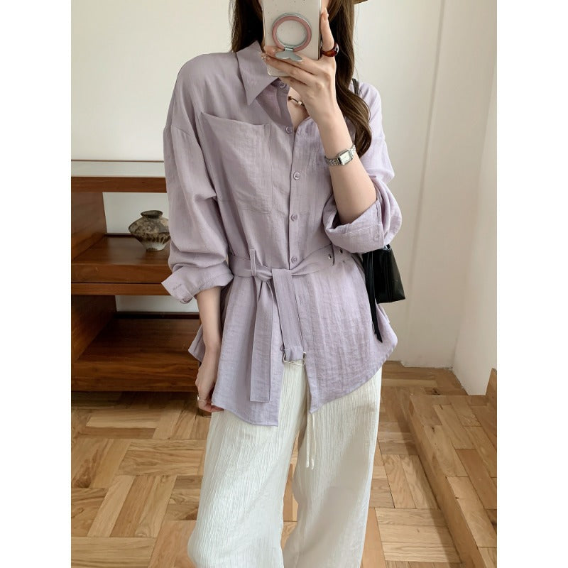 Damen Weit geschnittene Leinen‑Hemdbluse mit Taillengürtel und Brusttasche Drune