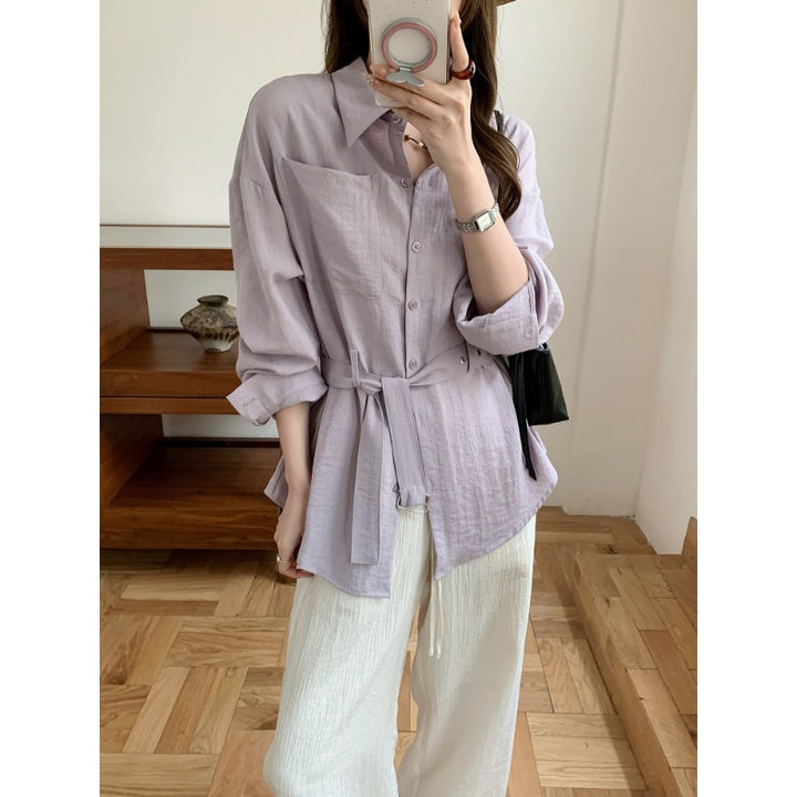 Damen Weit geschnittene Leinen‑Hemdbluse mit Taillengürtel und Brusttasche Drune