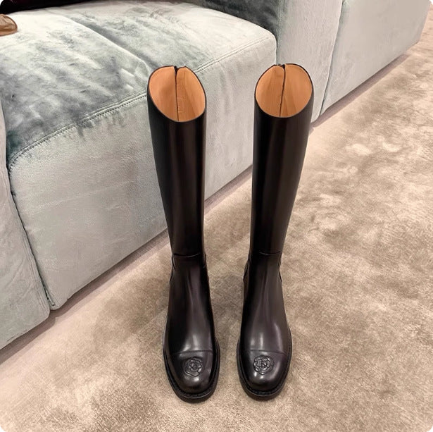 Damen Kniehohe Reitstiefel aus Glattleder mit geprägter Blumen-Zehenkappe Drune