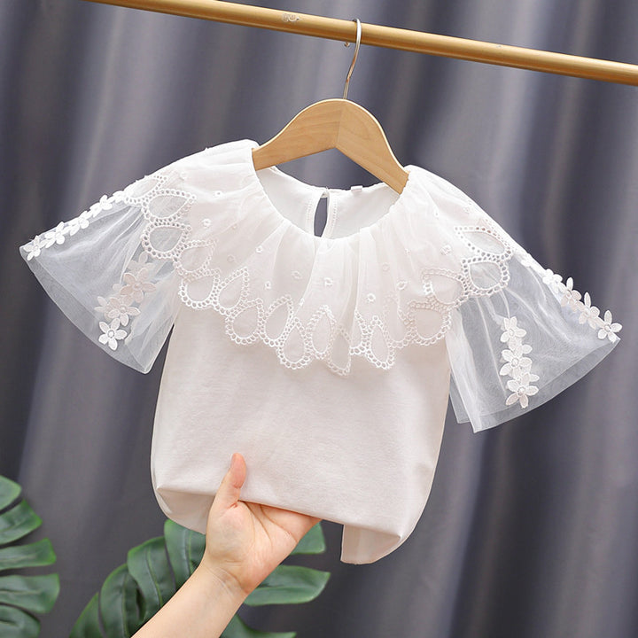 Mädchen Bluse mit Blumenstickerei und Tüllärmeln Drune