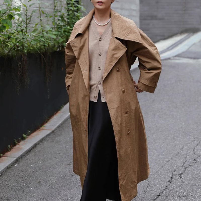 Damen Maxilanger Trenchcoat mit übergroßer Schulterpasse, Taillengürtel und voluminösen Ärmeln Drune