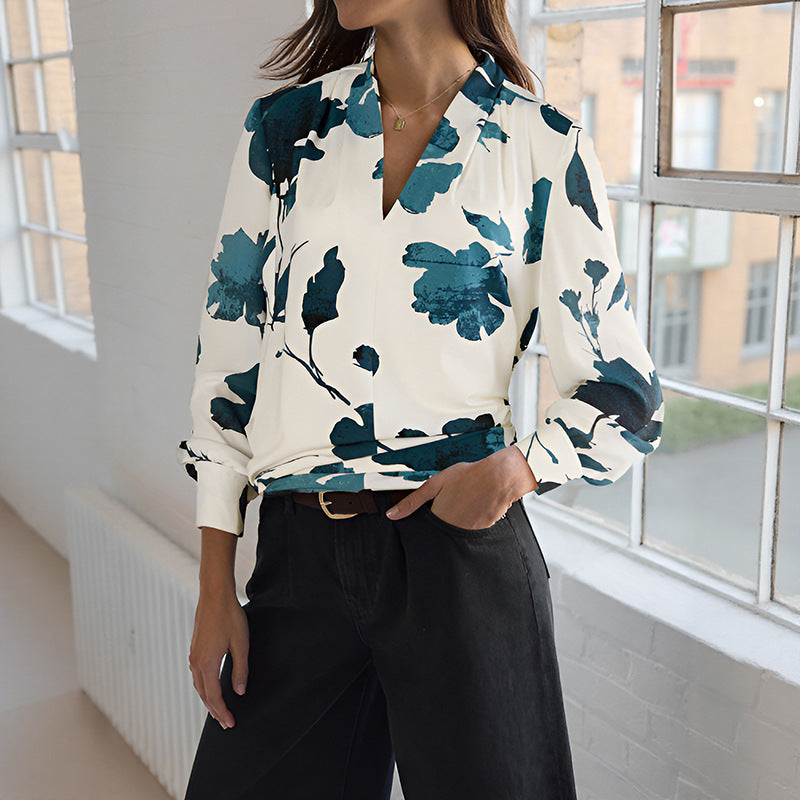 Damen Watercolor-Bluse mit V-Ausschnitt, Plissée-Schulter und legerer Wickeloptik Drune