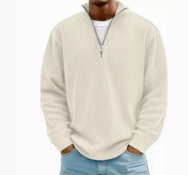 Herren Gerippter Halbzip-Strickpullover mit Stehkragen und lockerer Passform Drune