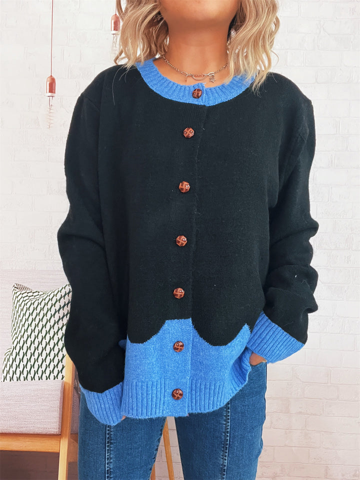 Damen lässige Strickjacke mit buntem Kontrast und eleganten Knopfdetails Drune