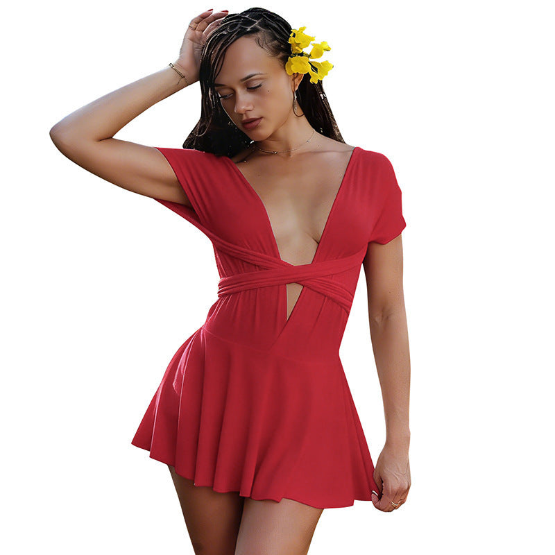 Damen Elegantes Wickelkleid mit tiefem V-Ausschnitt und fließendem Rock Drune
