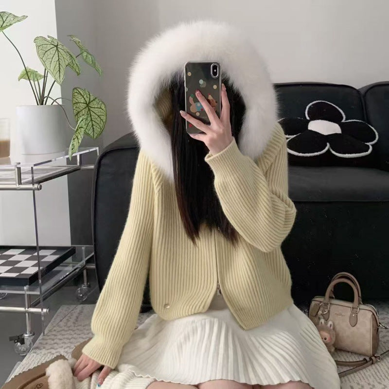 Damen Softes Rippenstrickjacke mit luxuriösem Pelzkragen Drune