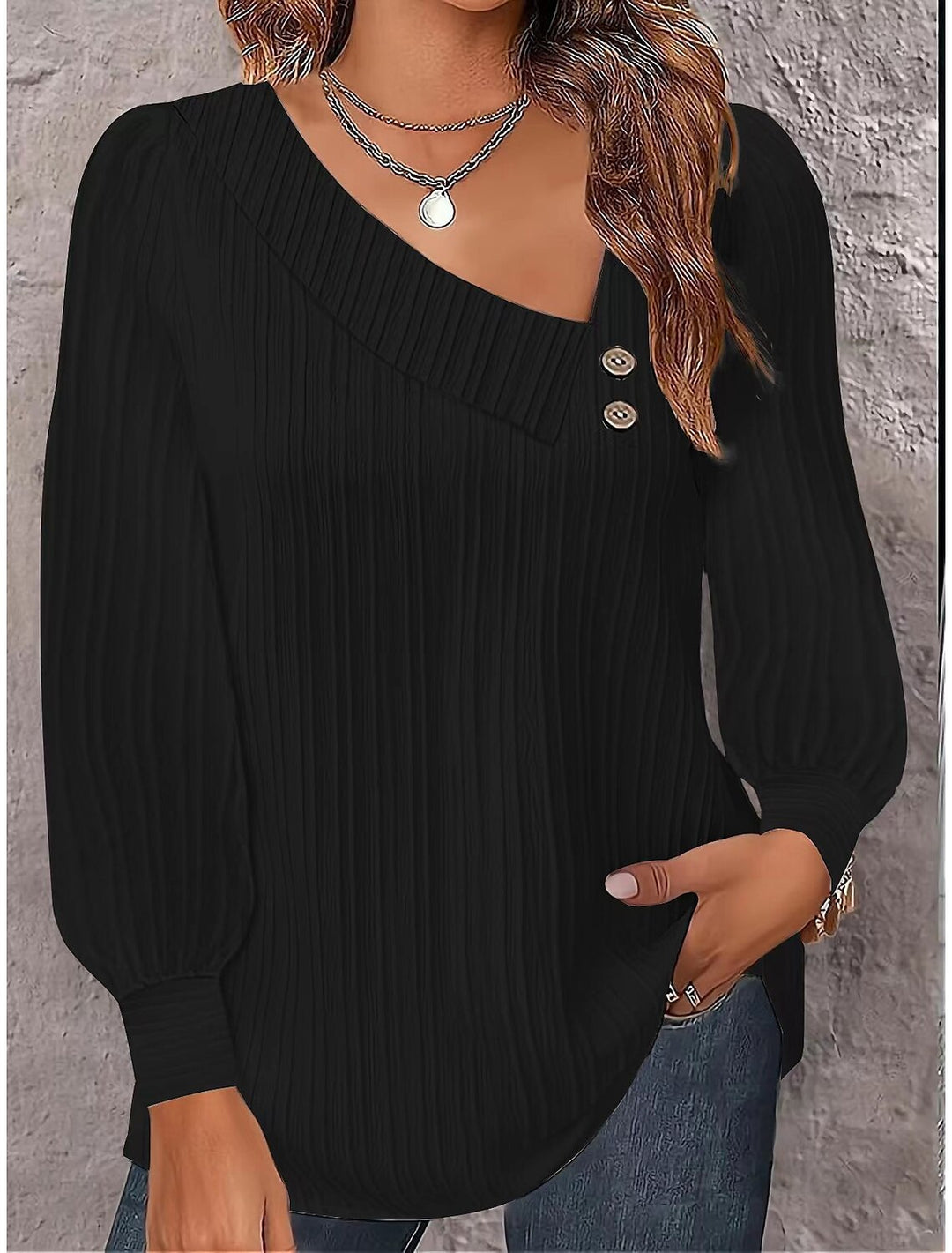 Damen Elegante Bluse mit asymmetrischem Kragen und geschmückt Knopf Drune