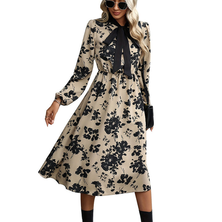 Damen elegantes Midi-Kleid mit Blumenmuster und Schleifendetails Drune
