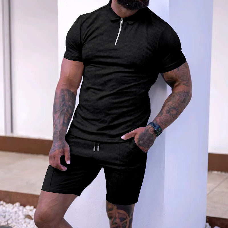 Herren modisches Polo- und Shorts-Set mit strukturiertem Gewebe und funktionalem Reißverschluss Drune