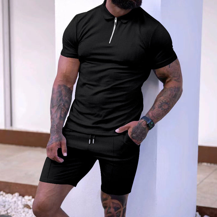 Herren modisches Polo- und Shorts-Set mit strukturiertem Gewebe und funktionalem Reißverschluss Drune
