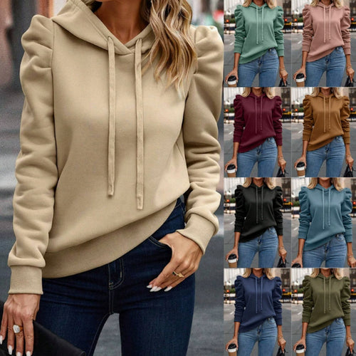 Damen Kapuzenpullover mit gerafften Puffärmeln und Kordelzug Drune