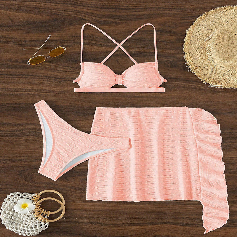 Damen Bikini-Set mit trägerlosem Oberteil, hohem Beinausschnitt und fließendem Rock Drune