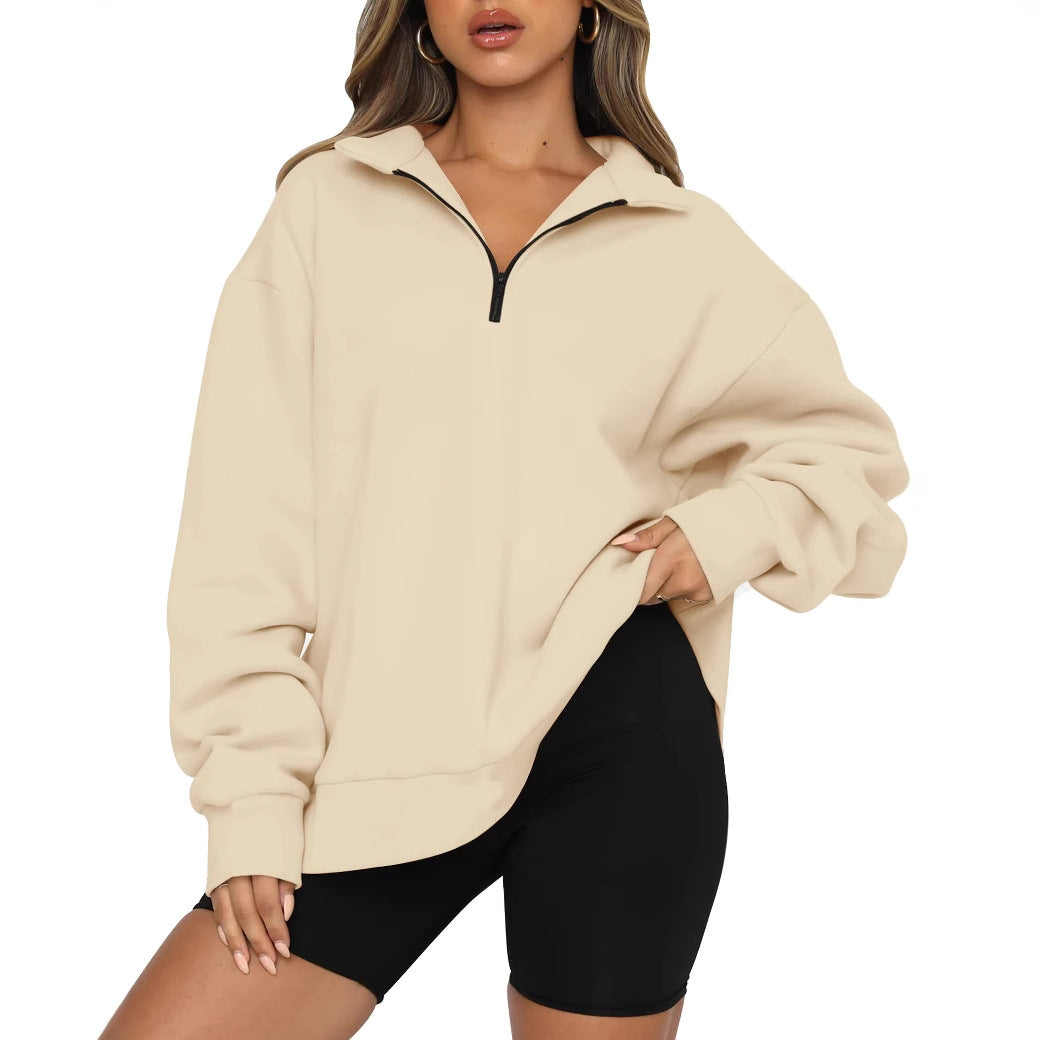 Damen lässiger Sweatpullover mit halbem Reißverschluss und überschnittenen Schultern Drune