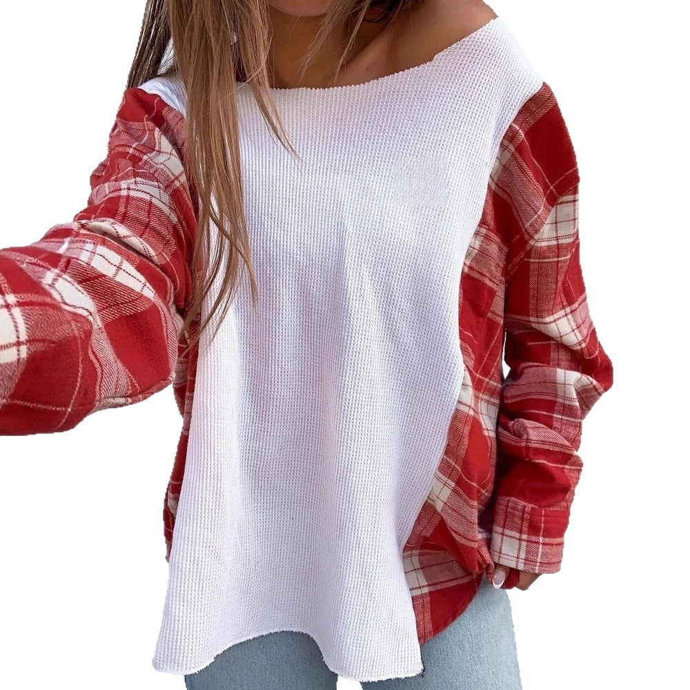 Damen nan Oversize Langarmshirt im Materialmix mit strukturierter Waffelstrick-Front und karierter Ärmelpartie Drune