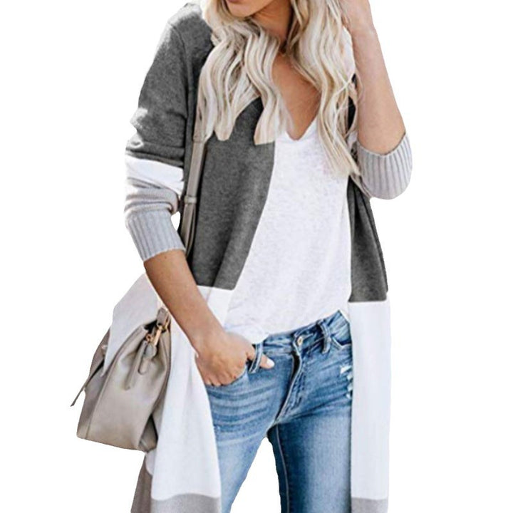 Damen lässiger Strickcardigan mit modernen Farbblockdetails und langen Ärmeln Drune