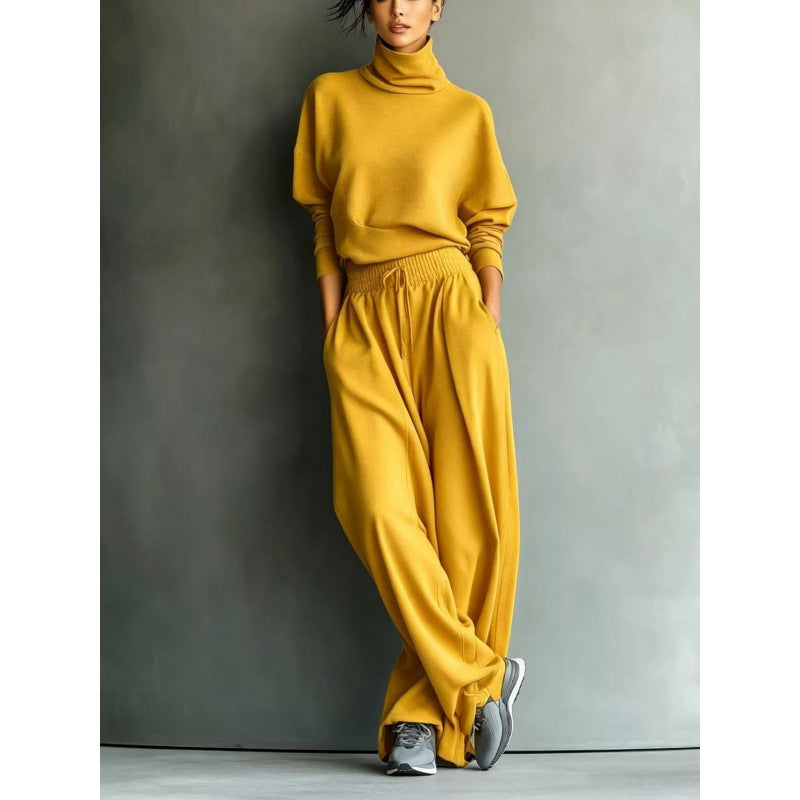 Damen Strick-Loungewear-Set mit Rollkragen und weiten Palazzo-Hosen Drune