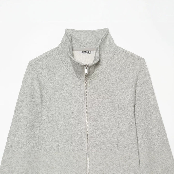 Damen Taillierter Sweatshirtcardigan mit durchgehendem Reißverschluss, Stehkragen und Raglanärmeln Drune