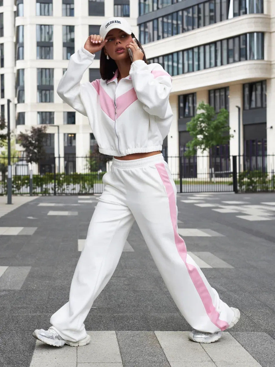 Damen cropped Zipjacke und weite Trackpants mit kontrastierendem Seitenstreifen Drune