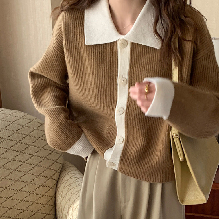Damen gemusterter Strickjacke mit schickem Kragen und dekorativen Knöpfen Drune