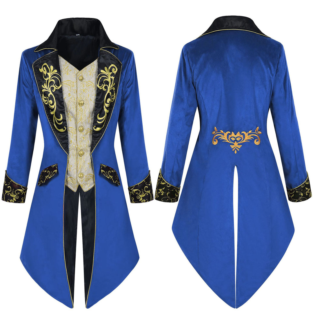 Herren nan eleganter Frackmantel im Barockstil mit goldbesticktem Revers und geteiltem Schwalbenschwanz Drune