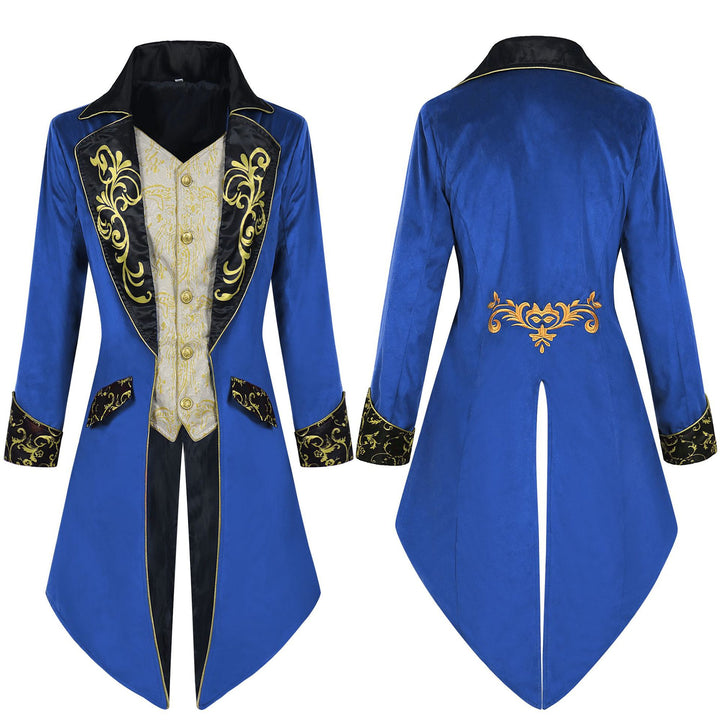 Herren nan eleganter Frackmantel im Barockstil mit goldbesticktem Revers und geteiltem Schwalbenschwanz Drune