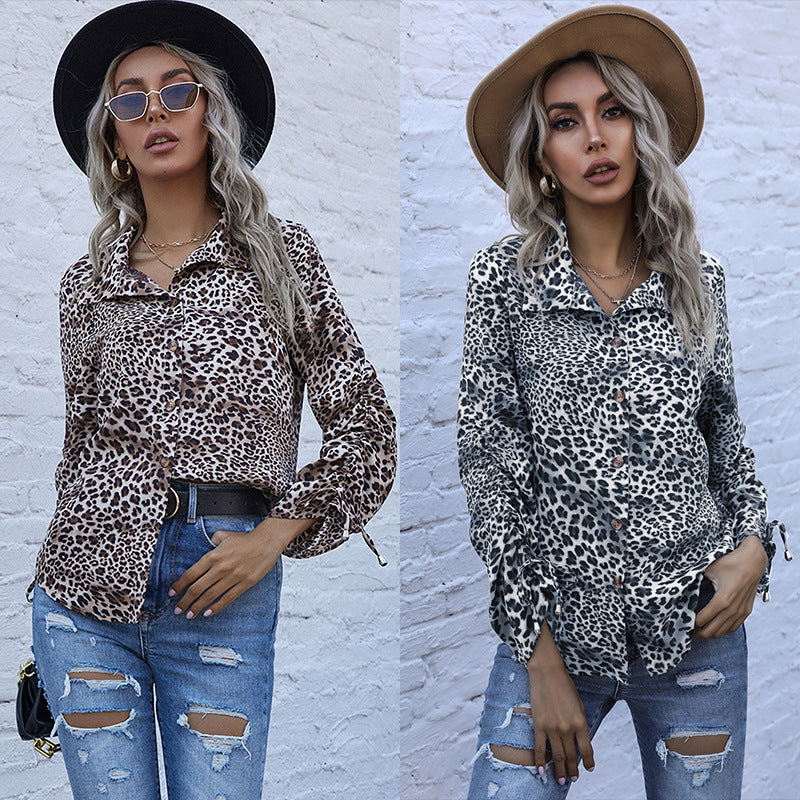 Damen Viskose-Hemdbluse mit Leoprint, Knotenärmeln und lockerer Silhouette Drune