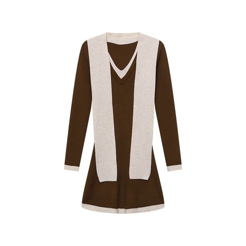 Damen figurbetontes Strickkleid mit stylischem Schalkragen und langen Ärmeln Drune