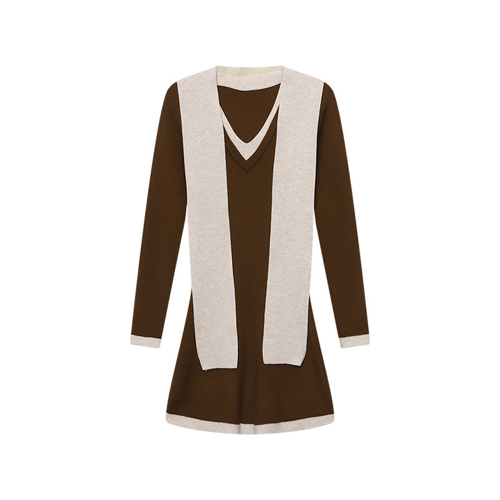 Damen figurbetontes Strickkleid mit stylischem Schalkragen und langen Ärmeln Drune