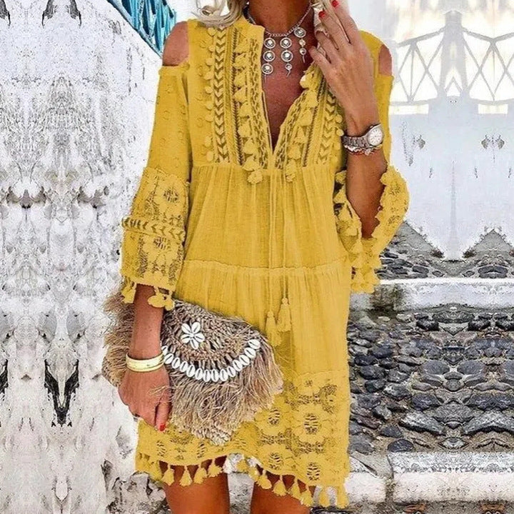 Damen Boho-Tunika mit Spitzendetails und offenen Schultern Drune