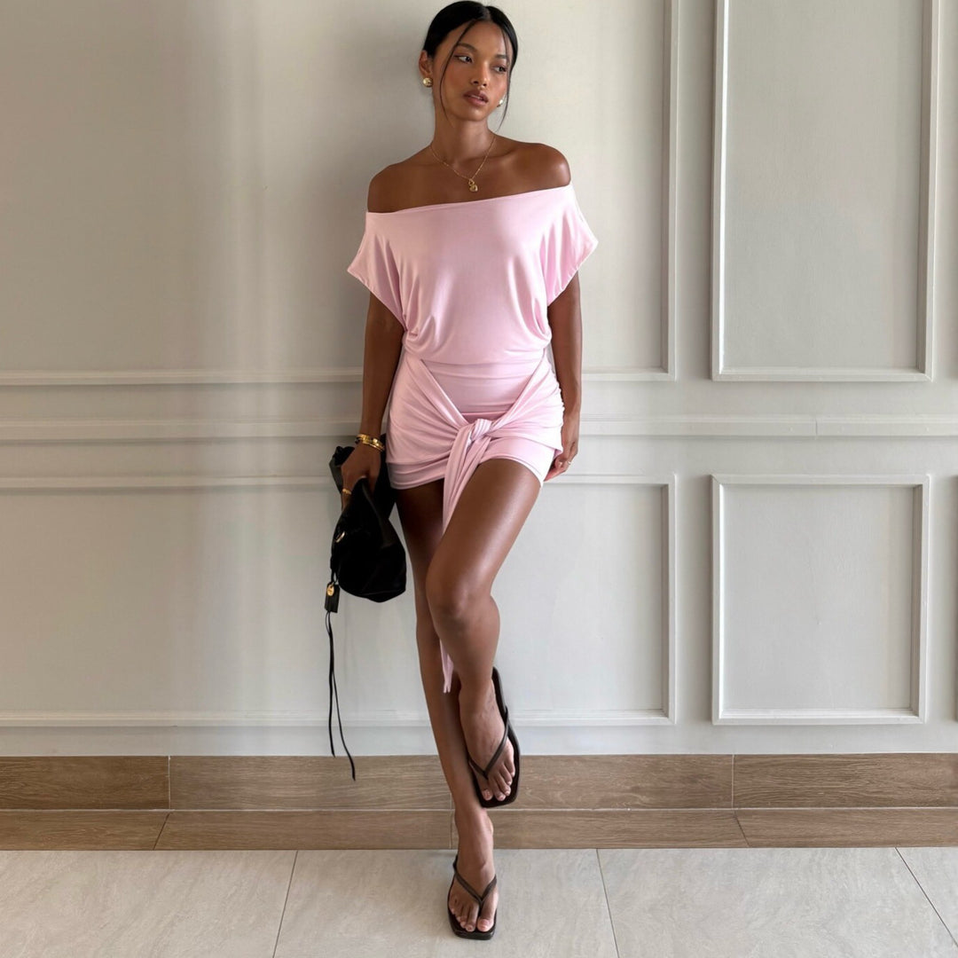 Damen Raffiniertes Minikleid mit angeschnittenem Ausschnitt und seitlichem Knoten Drune