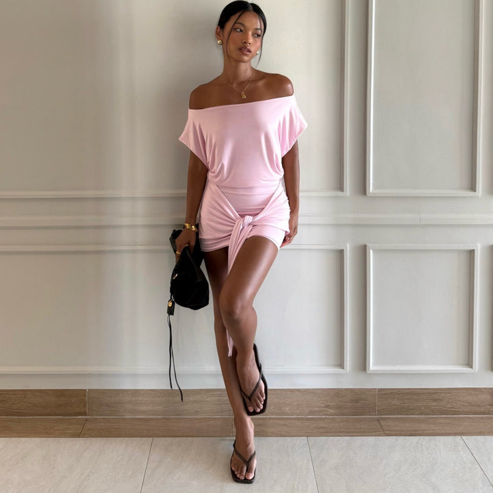 Damen Raffiniertes Minikleid mit angeschnittenem Ausschnitt und seitlichem Knoten Drune