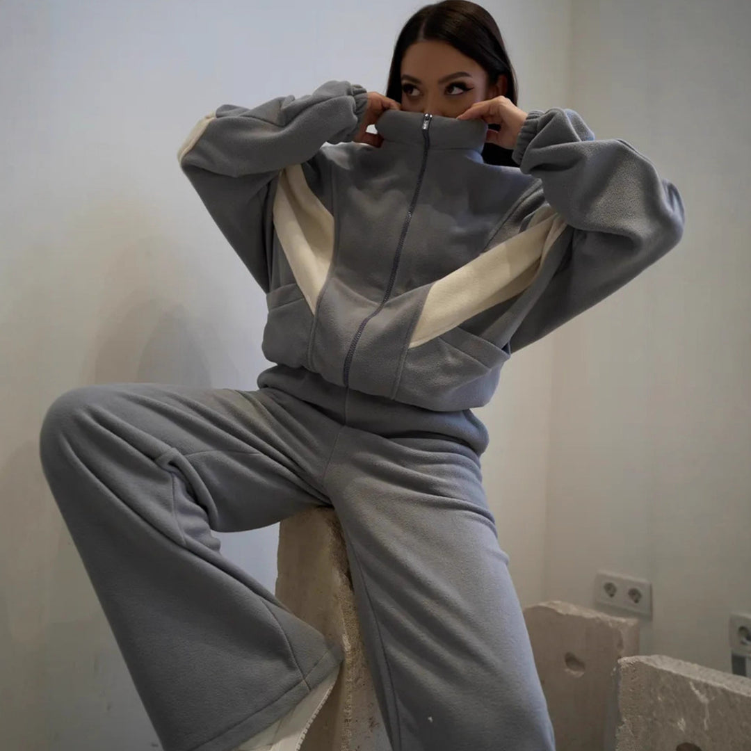 Damen oversized Reißverschluss-Fleecejacke mit Paneel-Details und weiter High-Waist-Loungehose Drune