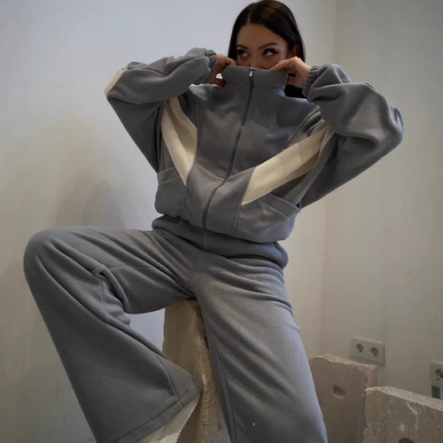 Damen oversized Reißverschluss-Fleecejacke mit Paneel-Details und weiter High-Waist-Loungehose Drune