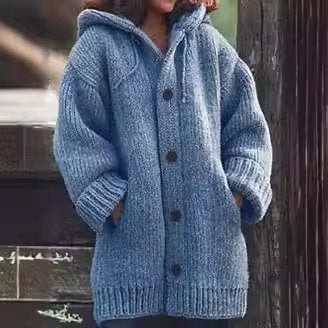 Damen weit geschnittener Kapuzen-Strickmantel mit Knopfleiste und Eingrifftaschen Drune