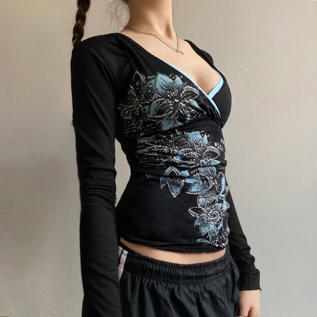 Damen Langarm-Crossover-Top mit V-Ausschnitt, floraler Seitenprint und Kontrastbesatz Drune