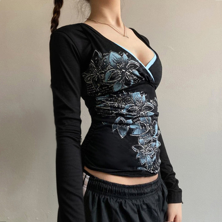 Damen Langarm-Crossover-Top mit V-Ausschnitt, floraler Seitenprint und Kontrastbesatz Drune