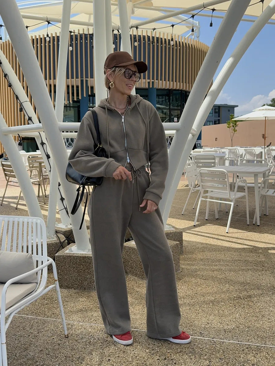 Damen Kurzgeschnittenes Zip-Hoodie mit Kordelzug‑Taille und weiter Palazzo‑Jogginghose Drune