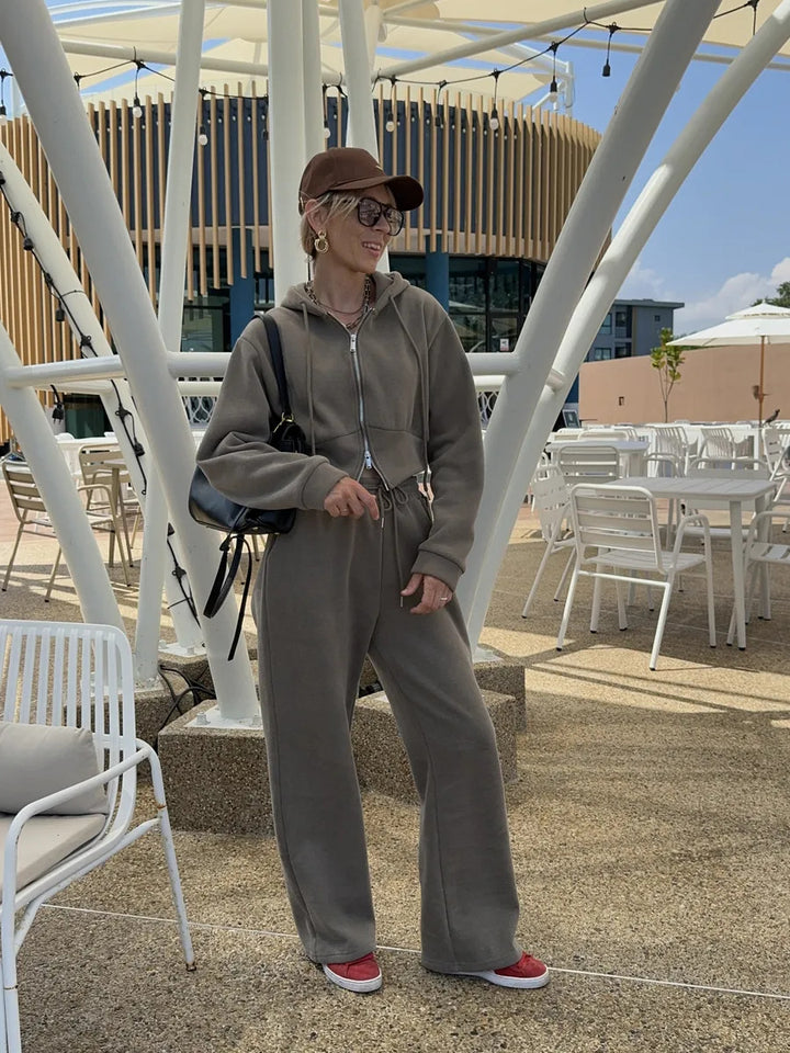 Damen Kurzgeschnittenes Zip-Hoodie mit Kordelzug‑Taille und weiter Palazzo‑Jogginghose Drune