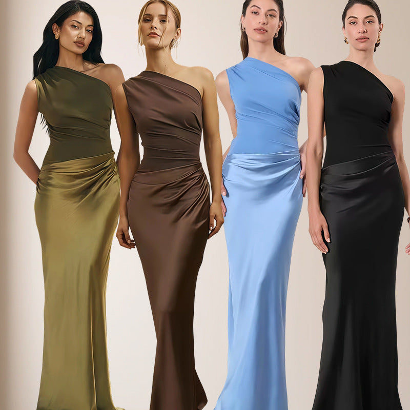 Damen Elegantes Asymmetrisches Abendkleid mit schimmerndem Satin Drune