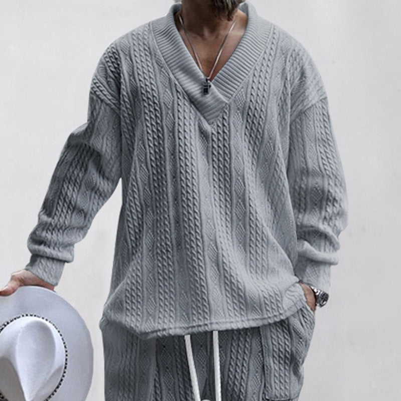 Herren Oversize-Zopfmuster-Pullover mit tiefem V-Ausschnitt Drune