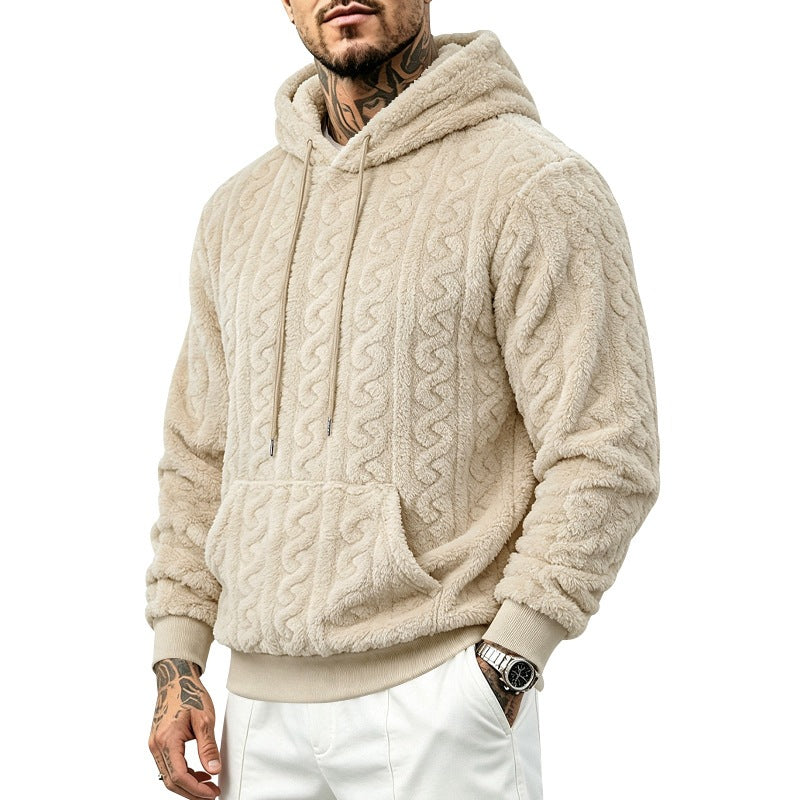 Herren kuscheliger Teddy-Fleece Kapuzenpullover mit Zopfmuster und Kängurutasche Drune