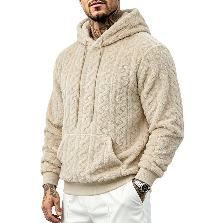 Herren kuscheliger Teddy-Fleece Kapuzenpullover mit Zopfmuster und Kängurutasche Drune